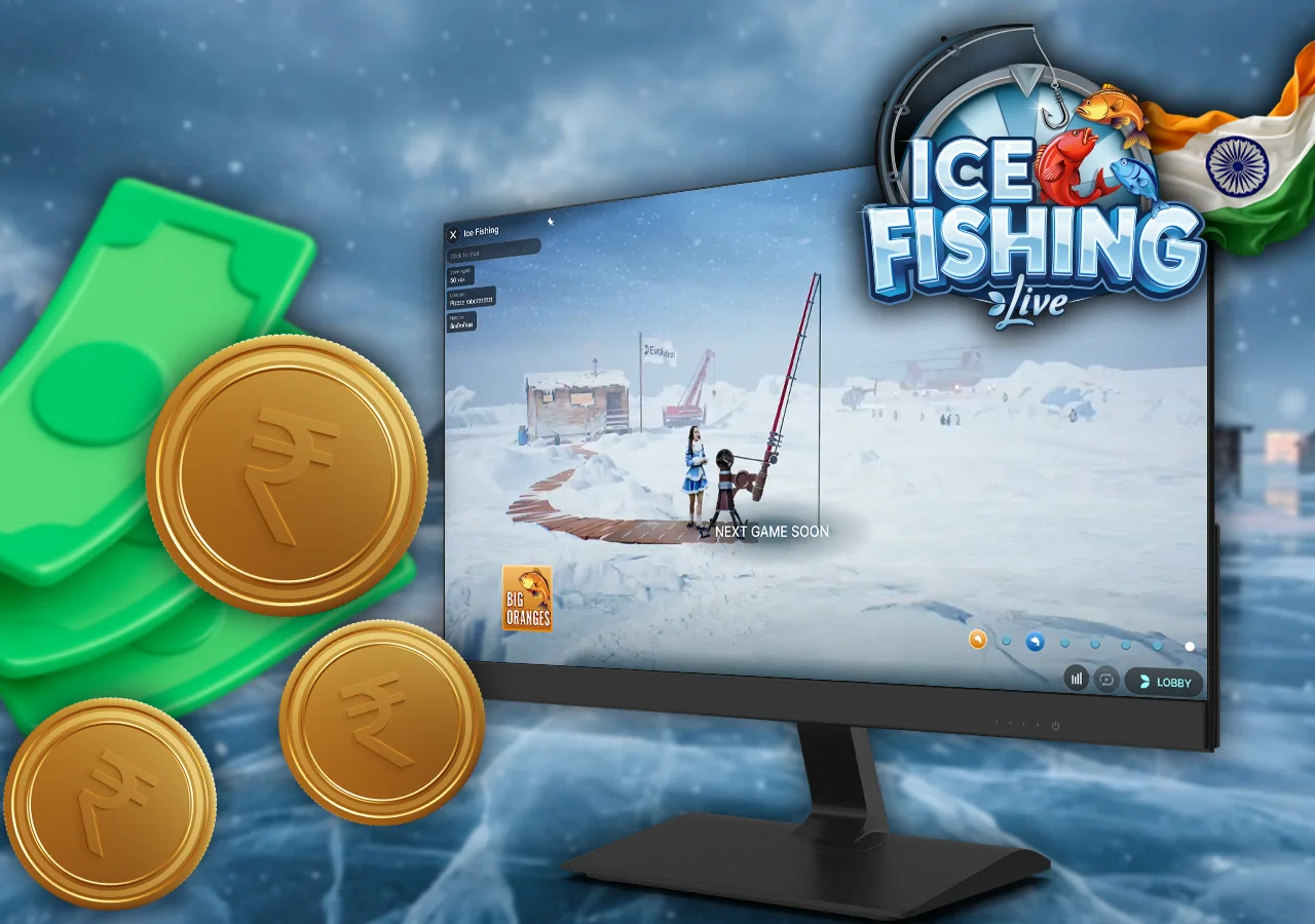 Smartphone screen showing Ice Fishing game in demo and real money modes for mobile users in India.